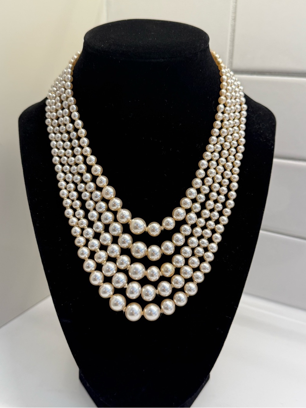 Vintage 5-Strand Glass Pearl Necklace | Hand-Knotted | Old Hollywood Statement